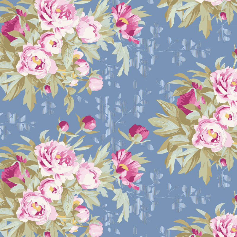 A repeating floral pattern featuring pink and white peony-like flowers with green leaves on a dusty blue background with a subtle light blue botanical motif.
Photo by Tildafabrics.com [image_link]