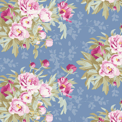 A repeating floral pattern featuring pink and white peony-like flowers with green leaves on a dusty blue background with a subtle light blue botanical motif.
Photo by Tildafabrics.com [image_link]