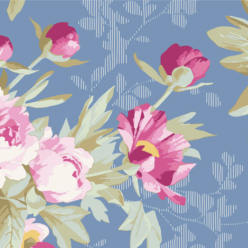 A repeating floral pattern featuring pink and blush peony blossoms with pale green leaves on a dusty blue background with a subtle white botanical motif.
Photo by Tildafabrics.com [additional_image_link]