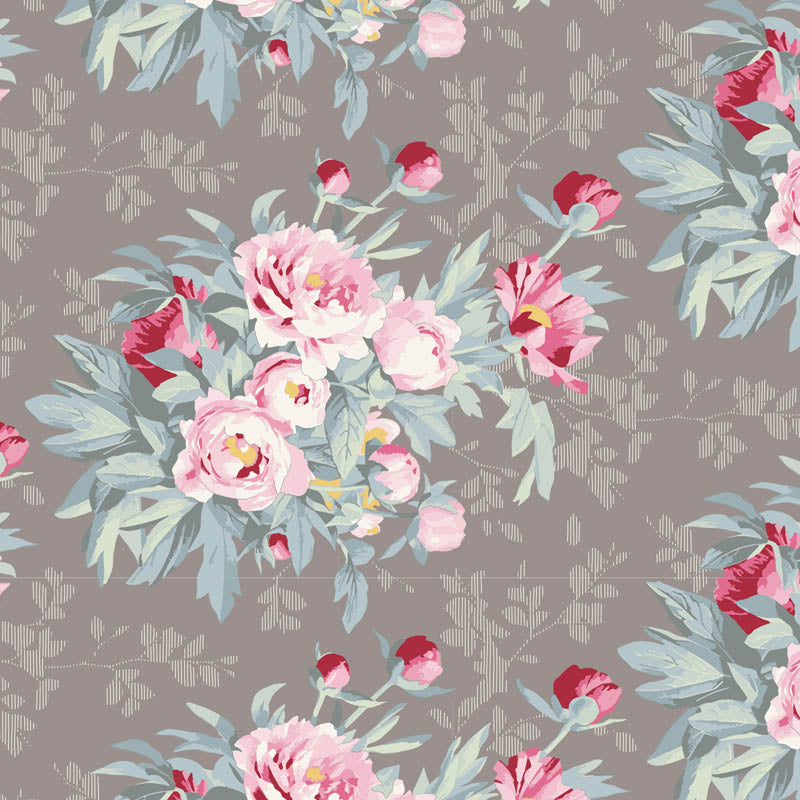 A repeating floral pattern featuring pink peonies and red-burgundy flower buds with light blue-gray leaves on a taupe-gray background with a subtle leafy motif.
Photo by Tildafabrics.com [image_link]