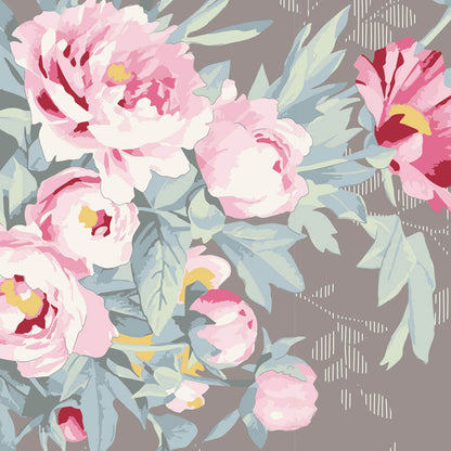 A repeating floral pattern featuring large pink peony-like flowers with pale yellow centers and muted blue-green leaves on a taupe-gray background with subtle white line accents.
Photo by Tildafabrics.com [additional_image_link]