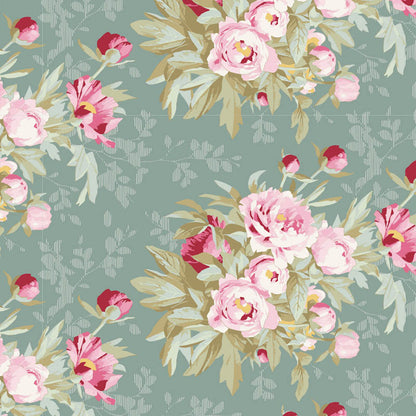 Floral pattern with pink and red flowers on a green background.
Photo by Tildafabrics.com [image_link]