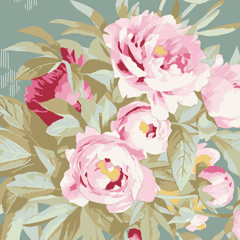 A floral pattern featuring large pink peony-like flowers with pale green and beige leaves on a muted blue-green background.
Photo by Tildafabrics.com [additional_image_link]
