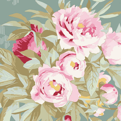 A floral pattern featuring large pink peony-like flowers with pale green and beige leaves on a muted blue-green background.
Photo by Tildafabrics.com [additional_image_link]