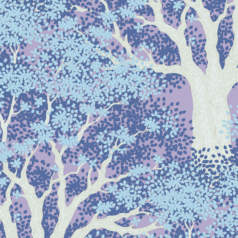 A repeating botanical pattern featuring stylized white tree branches with light blue leaves over a lavender and medium blue dotted background.
Photo by Tildafabrics.com [image_link]