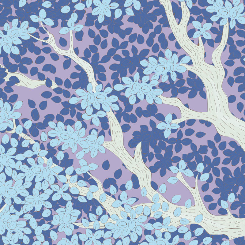 A repeating botanical pattern featuring stylized white tree branches with light blue leaves over a lavender and medium blue dotted background.
Photo by Tildafabrics.com [additional_image_link]