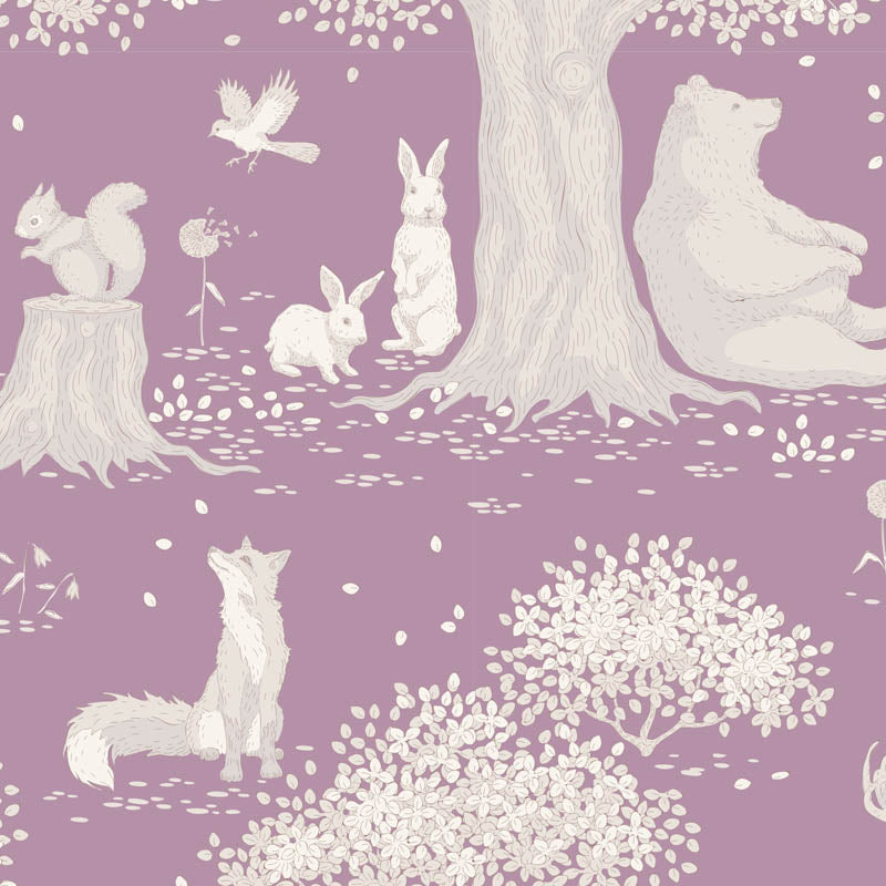 A repeating illustrated pattern of woodland animals and plants on a dusty mauve background, including a bear, squirrel, rabbits, fox, tree, bird, and flowering bushes in pale cream tones.
Photo by Tildafabrics.com [image_link]