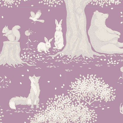 A repeating illustrated pattern of woodland animals and plants on a dusty mauve background, including a bear, squirrel, rabbits, fox, tree, bird, and flowering bushes in pale cream tones.
Photo by Tildafabrics.com [image_link]