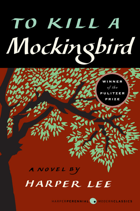 This image displays the cover of "To Kill a Mockingbird" by Harper Lee. The cover features a striking design with a dark tree silhouette against a vivid red background.
Photo by Harper Classics [image_link]