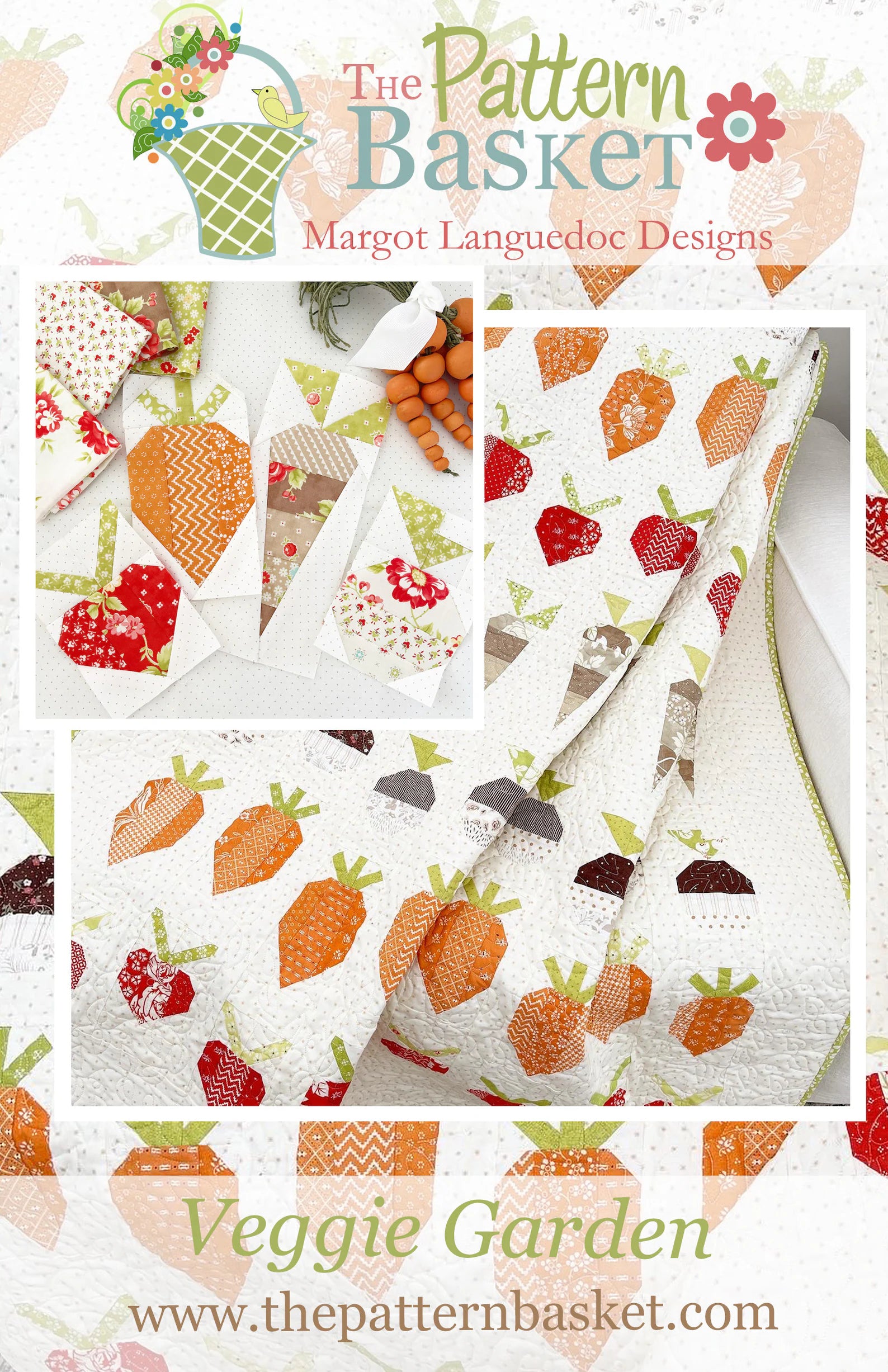 Pattern preview cover for 'Veggie Garden' by The Pattern Basket (Margot Languedoc Designs), showcasing a quilted fabric design with a white background and colorful carrot, strawberry, and mushroom motifs.
Photo by ThePatternBasket.com [image_link]