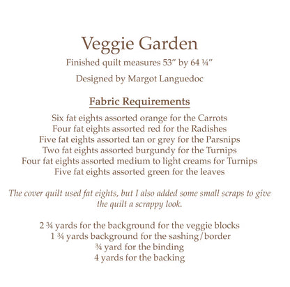 A text-based fabric requirements sheet for a quilt titled 'Veggie Garden,' showing the finished quilt dimensions, designer credit, and lists of fabric colors and yardage needed for the quilt blocks and backing.
Photo by ThePatternBasket.com [additional_image_link]