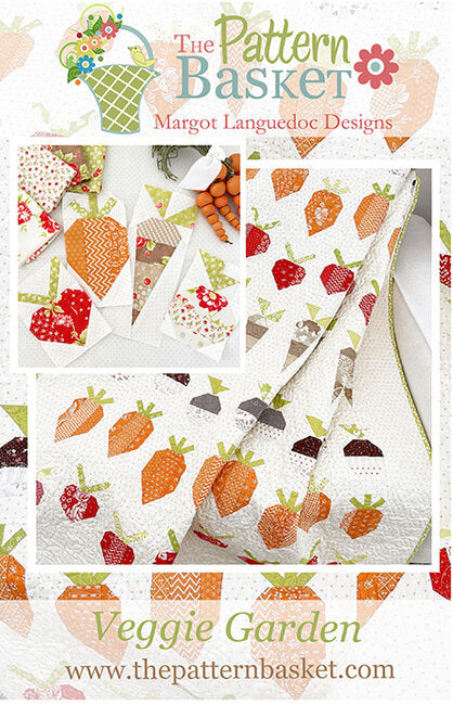 Pattern cover for 'Veggie Garden' by The Pattern Basket (Margot Languedoc Designs), showcasing a quilted fabric design with a white background and colorful patchwork vegetable motifs including carrots, strawberries, and tomatoes.
Photo by ThePatternBasket.com [additional_image_link]