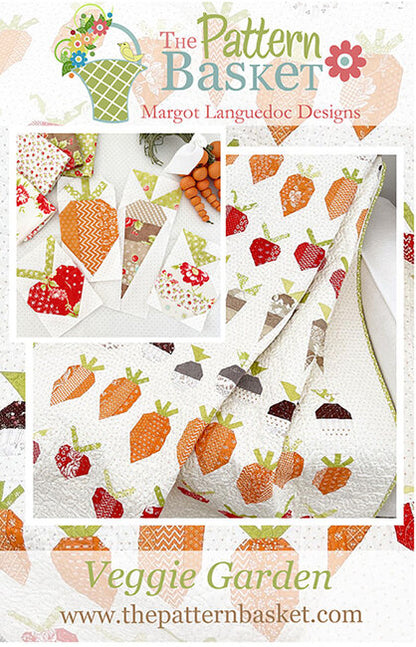 Pattern cover for 'Veggie Garden' by The Pattern Basket (Margot Languedoc Designs), showcasing a quilted fabric design with a white background and colorful patchwork vegetable motifs including carrots, strawberries, and tomatoes.
Photo by ThePatternBasket.com [additional_image_link]