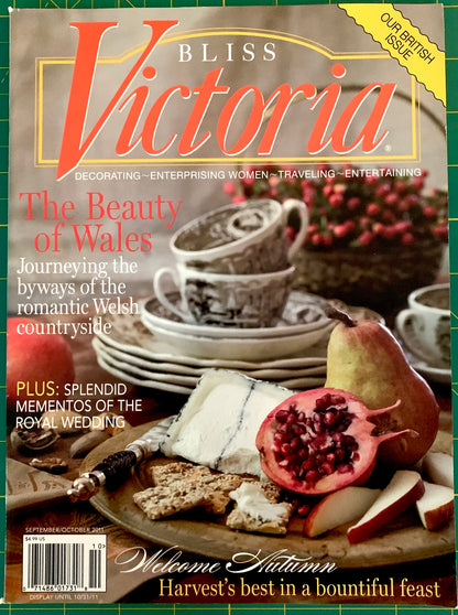 Front cover of Bliss Victoria magazine, featuring a large red and gold title logo, a yellow 'Our British Issue' banner, and a food photography scene with cheese, pears, crackers, and a pomegranate. Visible text includes 'The Beauty of Wales' and 'Welcome Autumn'.
[image_link]