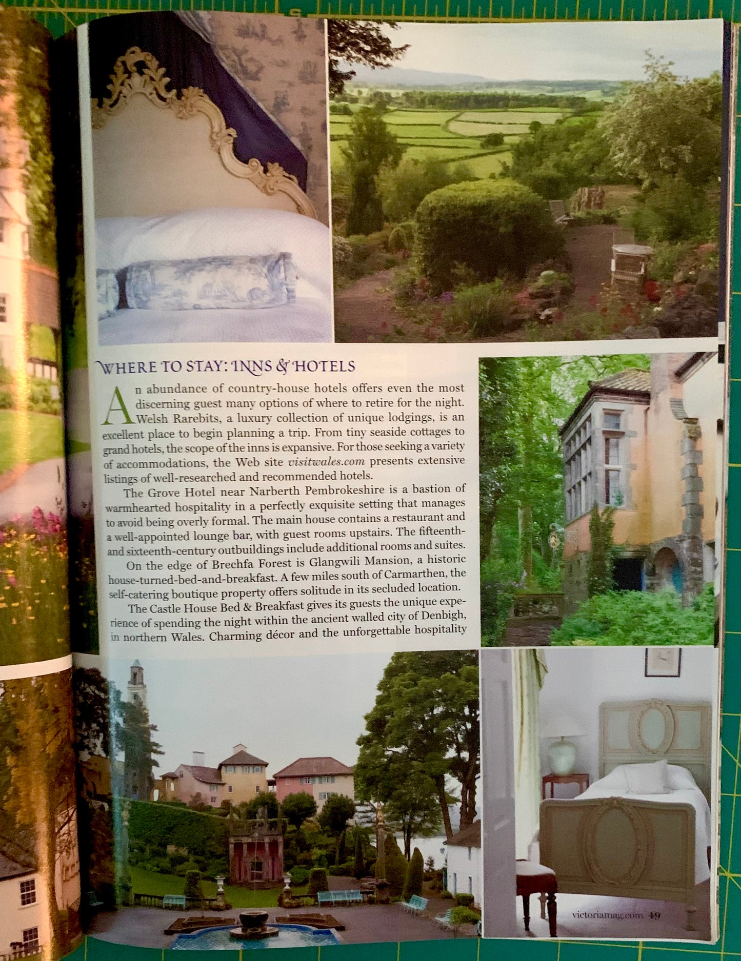 A printed travel guide or brochure spread showing photographs of a scenic coastal town and hotels, with text reading 'WHERE TO STAY: INNS & HOTELS' and a green border around the pages.
[additional_image_link]