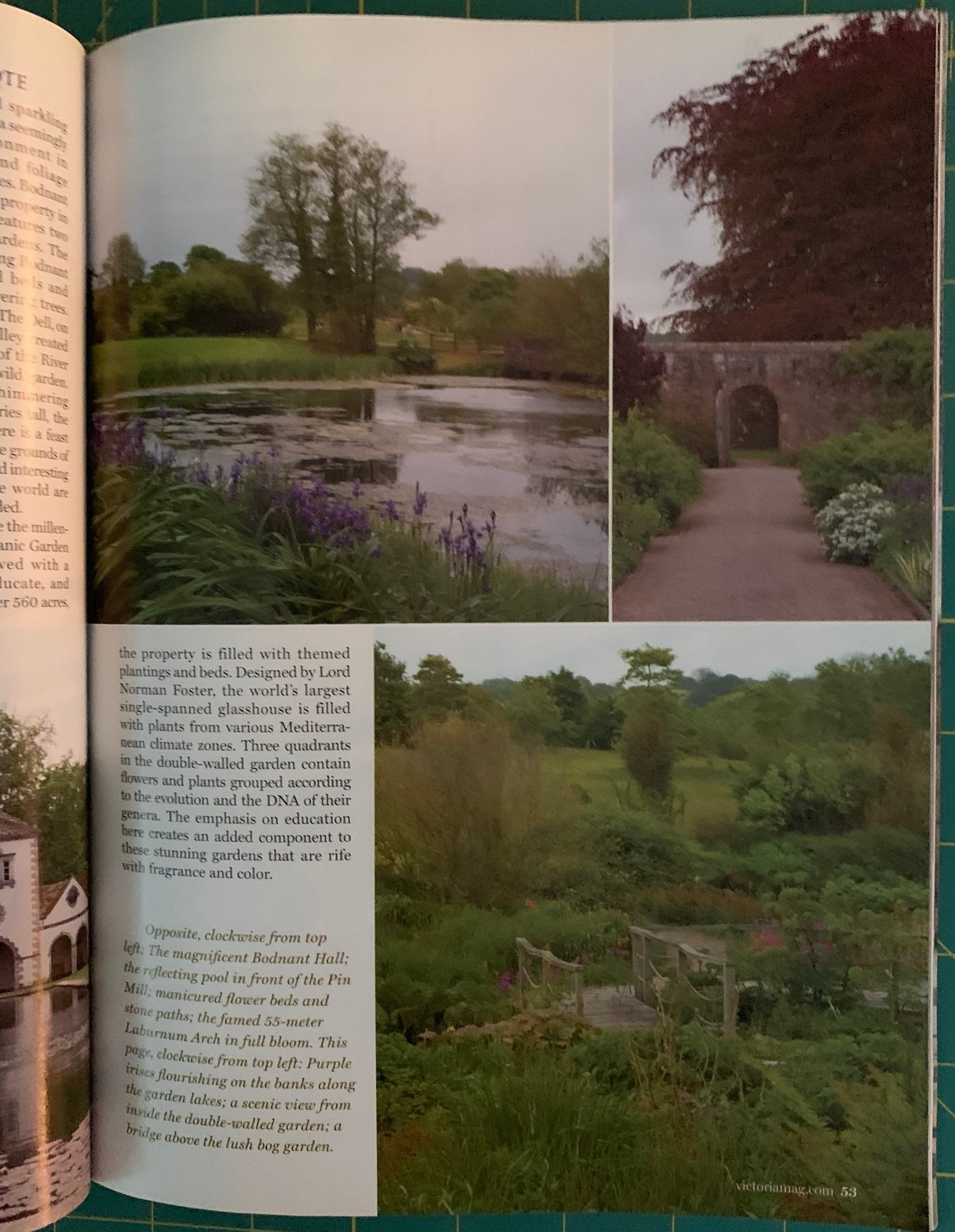An open vintage book or magazine spread showing three landscape photographs of a garden and stone archway, with printed text columns below and beside the images.
[additional_image_link]