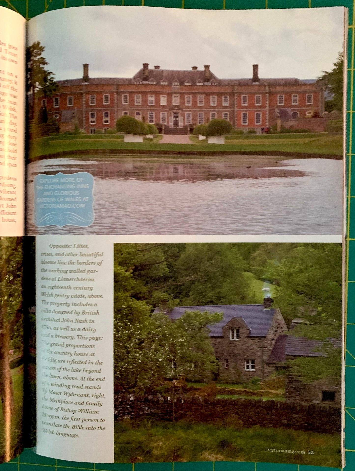 An open book or magazine spread showing two printed photographs of a large brick estate with a lake in the foreground and a smaller cottage scene below, with printed text and a blue caption box on the left page.
[additional_image_link]