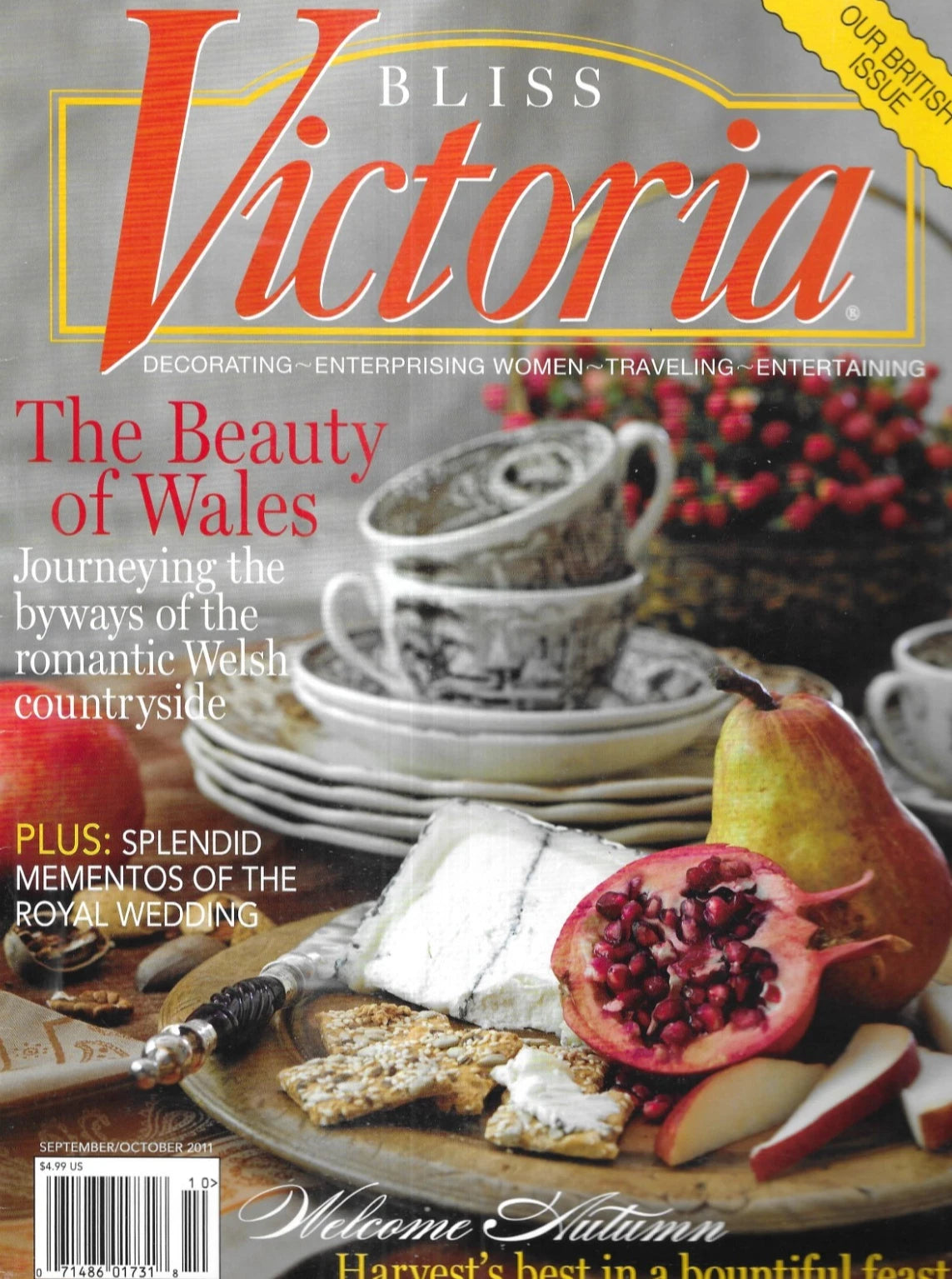 Bliss Victoria magazine cover featuring a styled autumn table scene with a pomegranate, pear, crackers, and a teacup set, with large red and white title text and cover lines.
[additional_image_link]