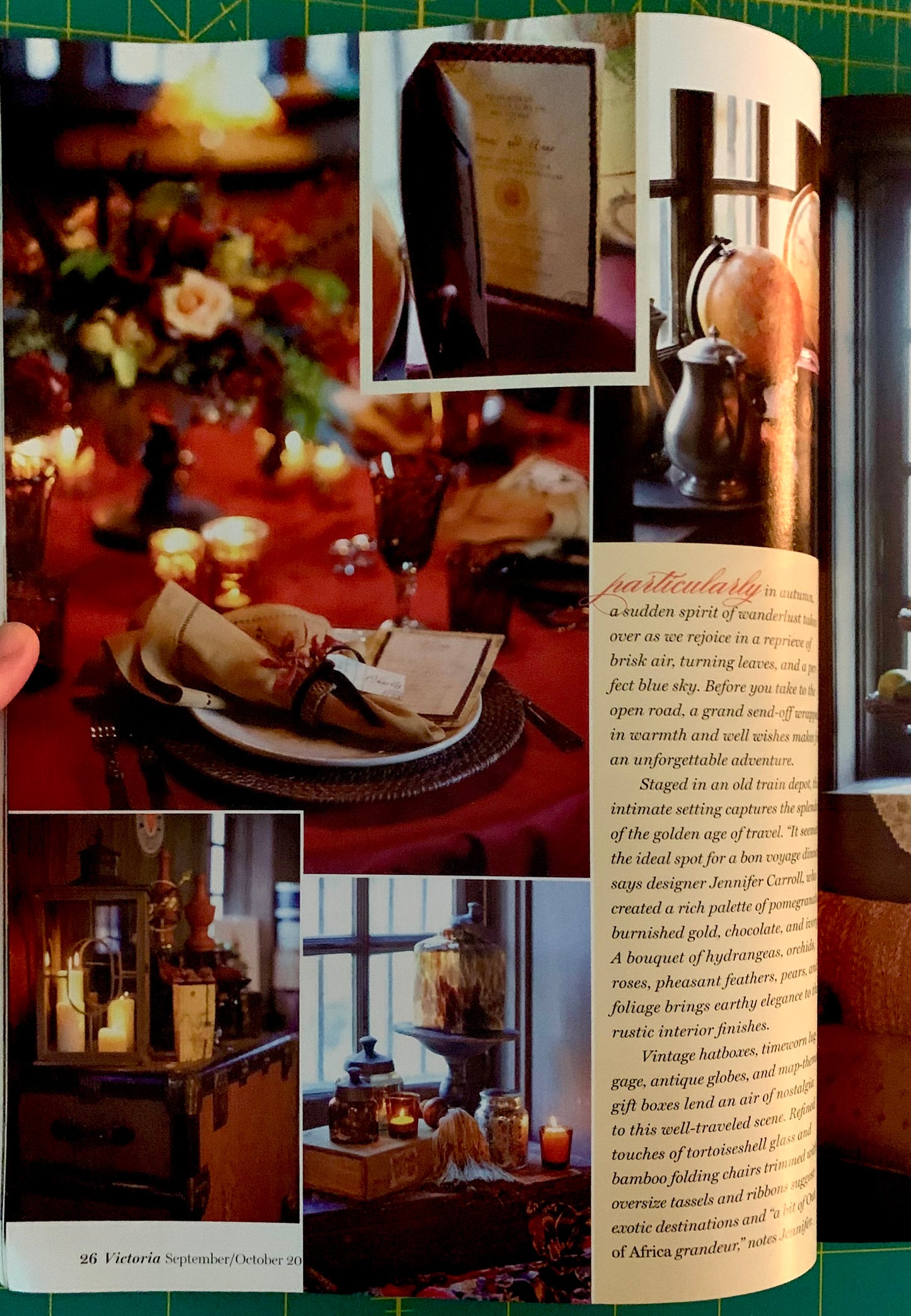 An open book or magazine spread showing a warm-toned interior design or lifestyle page with multiple inset photos of candlelit tables, place settings, and decorative objects, alongside a column of text.
[additional_image_link]