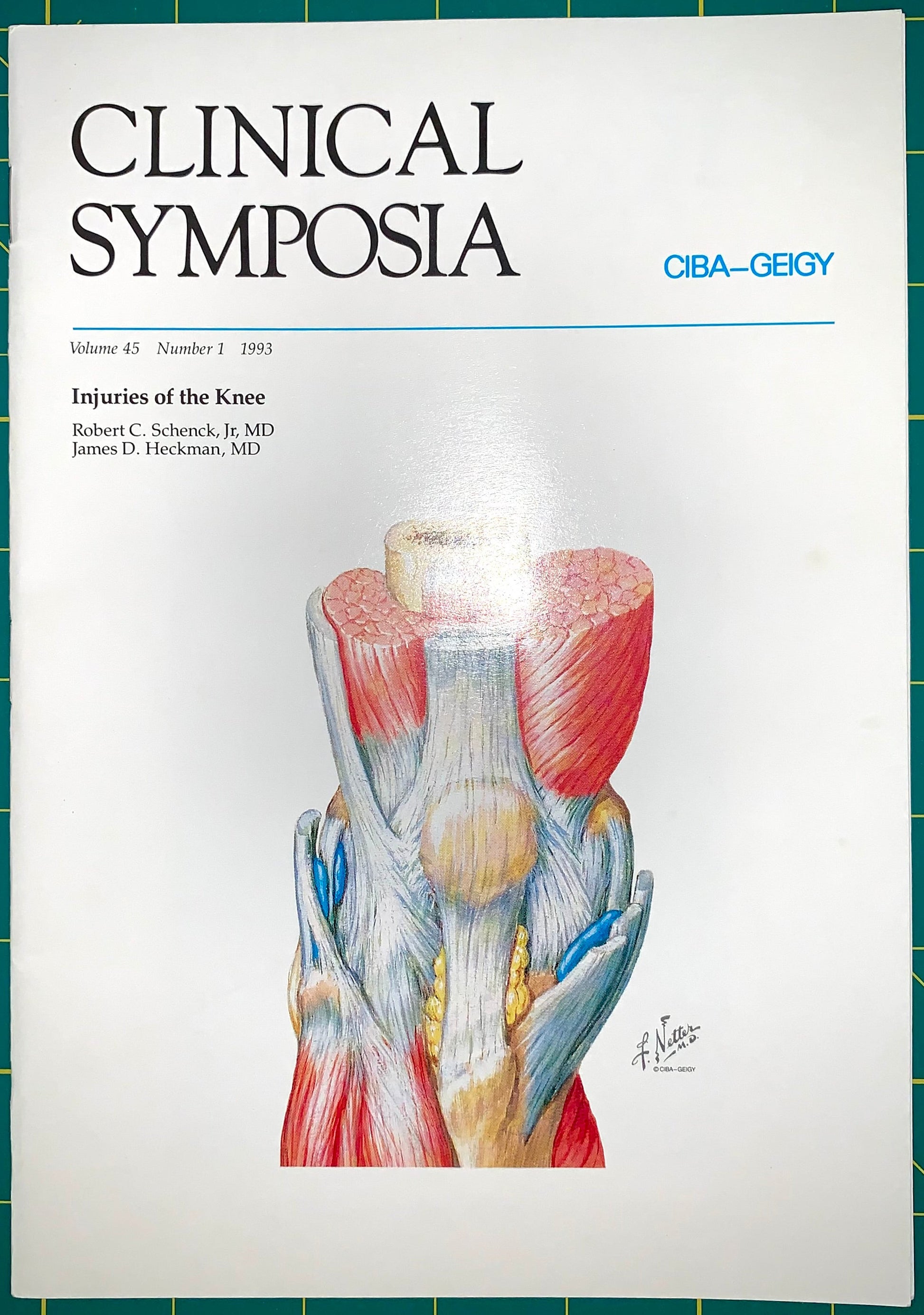 A single issue of the journal Clinical Symposia, Volume 41, Number 1, 1993, featuring an anatomical illustration of knee musculature on the cover. The cover is white with black title text, blue subtitle text, and a red, blue, and beige anatomical drawing.
[additional_image_link]