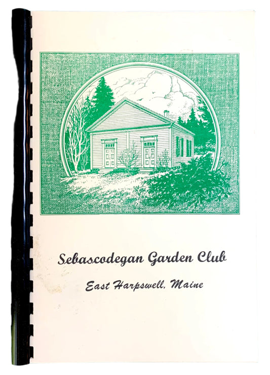 Cover of a vintage cookbook by Sebascodegan Garden Club, featuring an illustration of a garden club house, with a green and black color scheme.
Photo by Karen King [image_link]