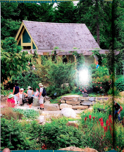 A lush garden scene with a small wooden house, stone pathways, rocks, and several people gathered outdoors among dense greenery and flowers. A bright light flare appears near the center-right.
[additional_image_link]
