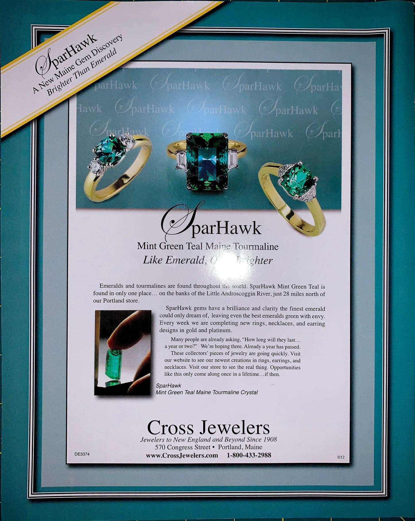 A framed promotional display card for SparHawk jewelry, featuring three mint green teardrop-shaped crystals and gold rings, with text about 'SparHawk Mint Green Teal Marine Troughline Like Emerald.'.
[additional_image_link]