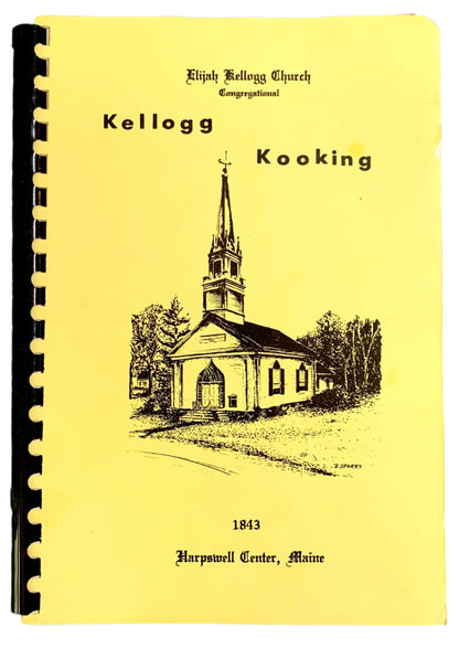Cover of the 'Kellogg Kooking' cookbook with an illustration of the Elijah Kellogg Church, Harpswell, Maine.
Photo by Karen King [image_link]