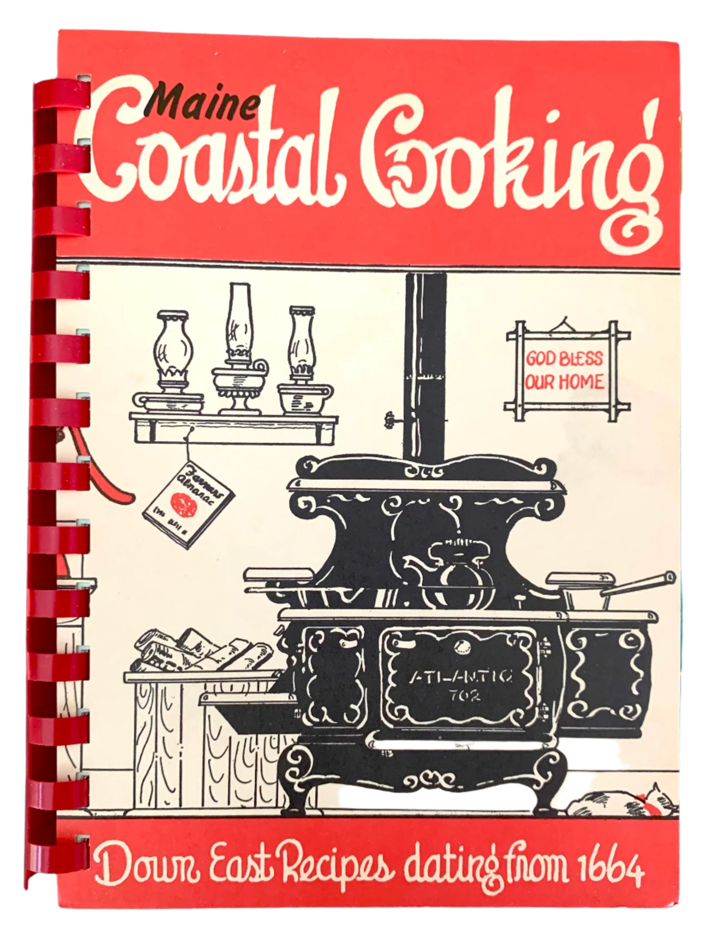 Cover of 'Maine Coastal Cooking' cookbook featuring illustrations of kitchen appliances and food items, with a red and white color scheme.
Photo by Karen King [image_link]