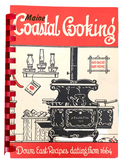 Cover of 'Maine Coastal Cooking' cookbook featuring illustrations of kitchen appliances and food items, with a red and white color scheme.
Photo by Karen King [image_link]
