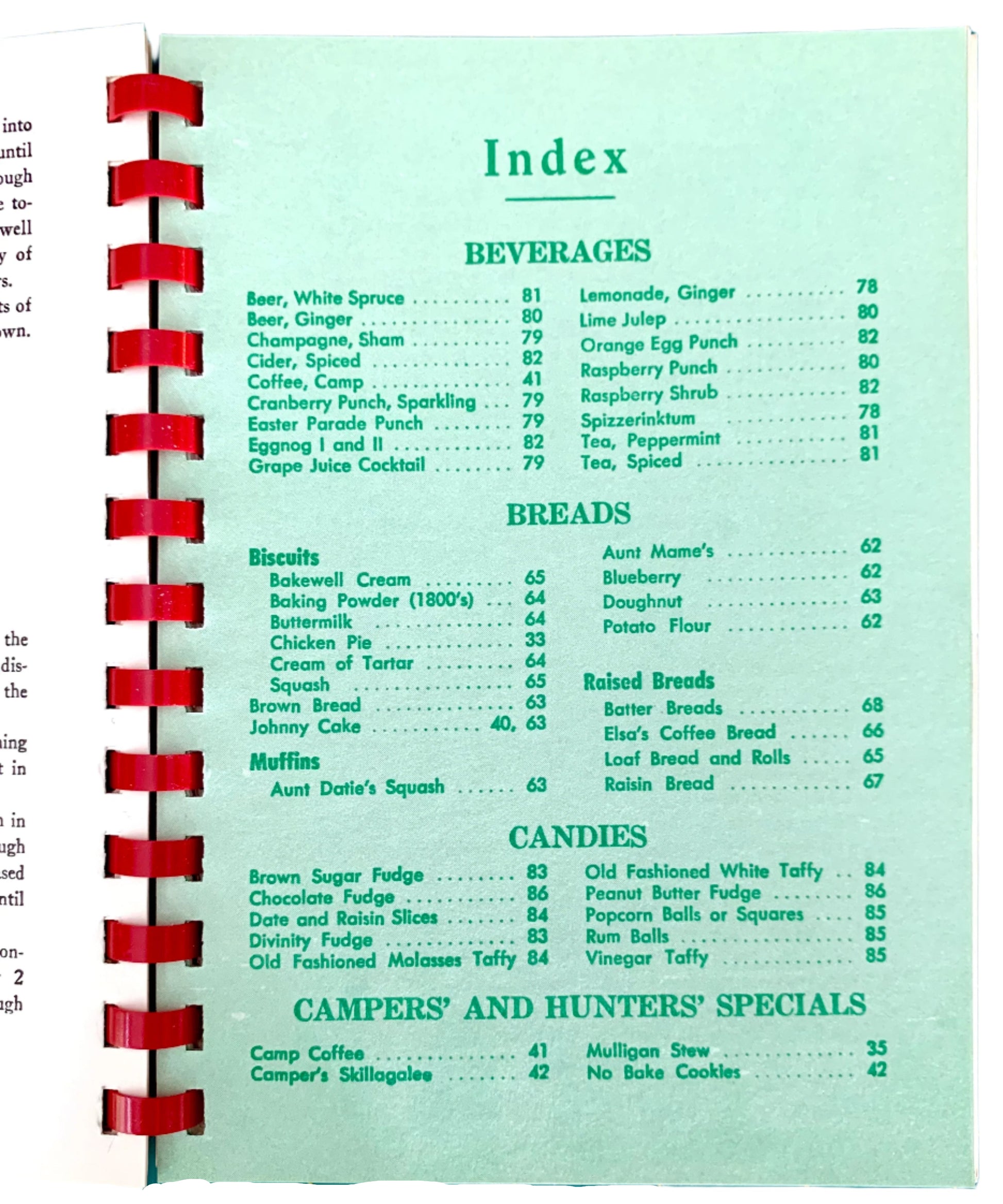 Index page of a cookbook with categories like Beverages, Breads, Candies, and Campers' and Hunters' Specials.
Photo by Karen King [additional_image_link]