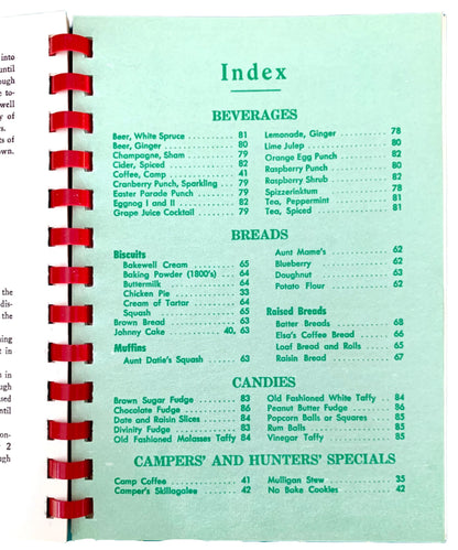 Index page of a cookbook with categories like Beverages, Breads, Candies, and Campers' and Hunters' Specials.
Photo by Karen King [additional_image_link]