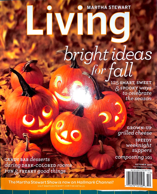 October 2023 issue of Martha Stewart Living magazine cover, featuring a group of glowing jack-o'-lantern pumpkins on a bed of autumn leaves. The cover has a bright orange and yellow color scheme with white and black text.
[additional_image_link]