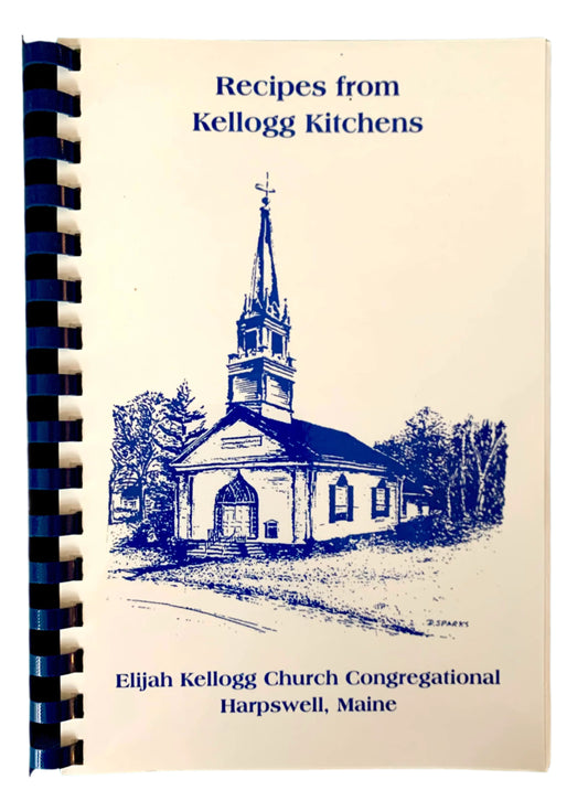 Cover of a cookbook titled 'Recipes from Kellogg Kitchens' with an illustration of a church on the front.
Photo by Karen King [image_link]