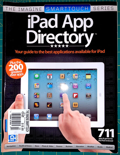 A book titled 'iPad App Directory' shown at a three-quarter angle on a white background. The cover is predominantly black with white text, an orange badge reading 'over 200 applications,' and a photo of hands interacting with an iPad screen.
[image_link]