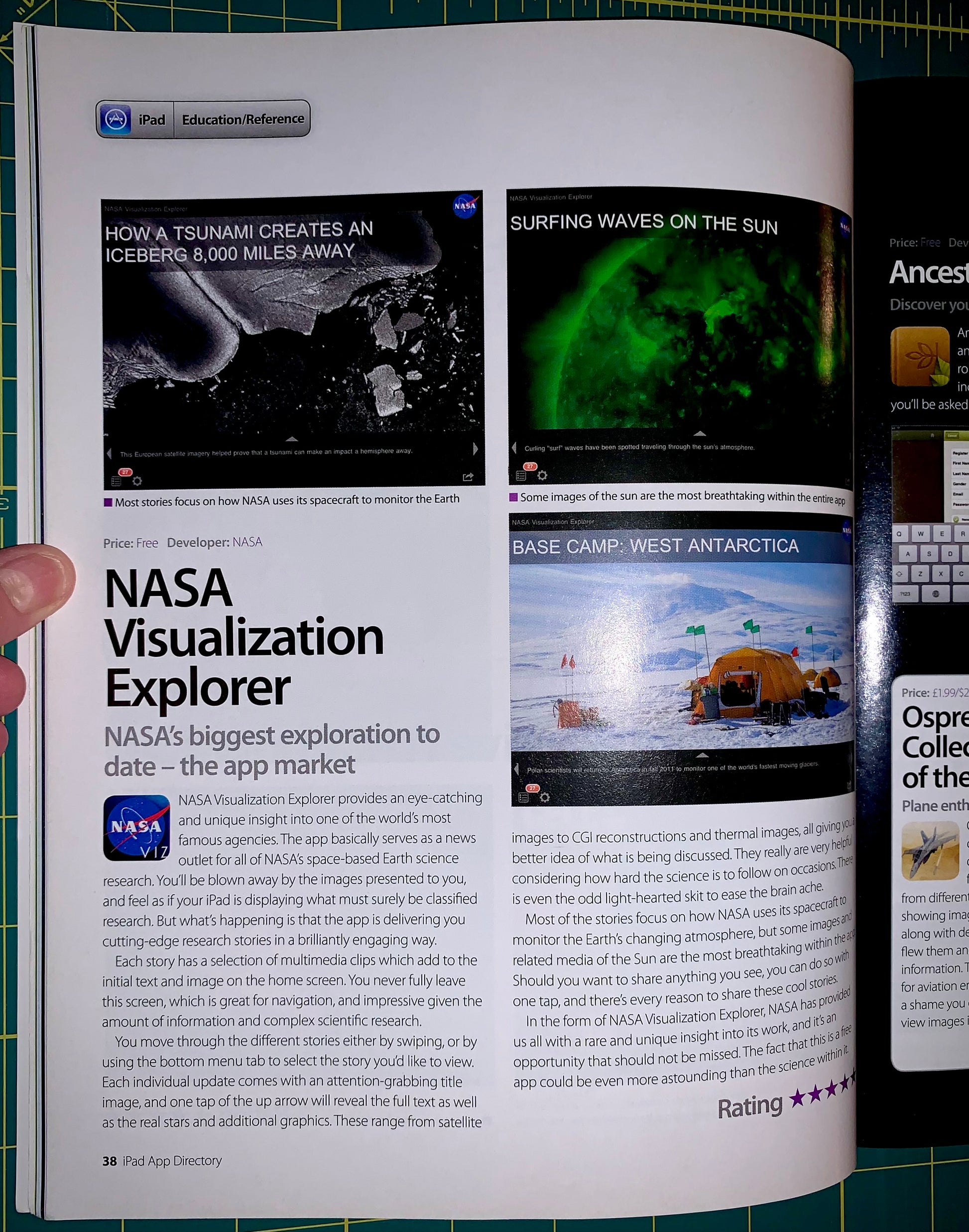 An open iPad showing a magazine or app preview page with NASA content, held by a hand. The page includes a large NASA Visualization Explorer headline, article text, and a sidebar about ancient computers.
[additional_image_link]