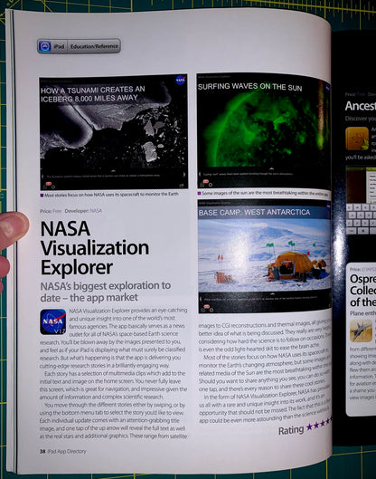 An open iPad showing a magazine or app preview page with NASA content, held by a hand. The page includes a large NASA Visualization Explorer headline, article text, and a sidebar about ancient computers.
[additional_image_link]