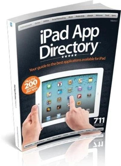 A book titled 'iPad App Directory' shown at a three-quarter angle on a white background. The cover is predominantly black with white text, an orange badge reading 'over 200 applications,' and a photo of hands interacting with an iPad screen.
[additional_image_link]