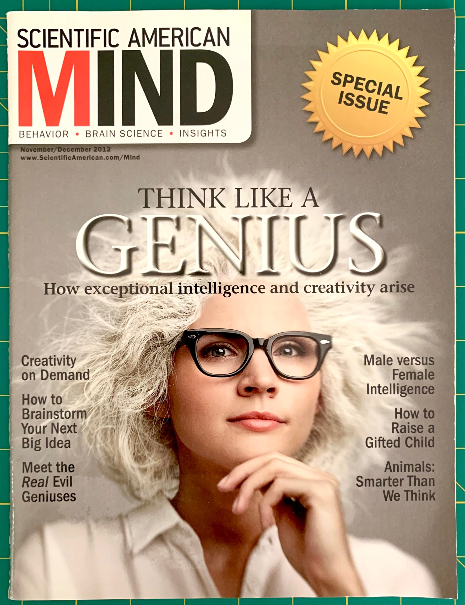 Scientific American Mind magazine cover featuring a portrait of a woman with white hair and black glasses, with the headline 'Think Like a Genius' and a gold 'Special Issue' badge.
[additional_image_link]
