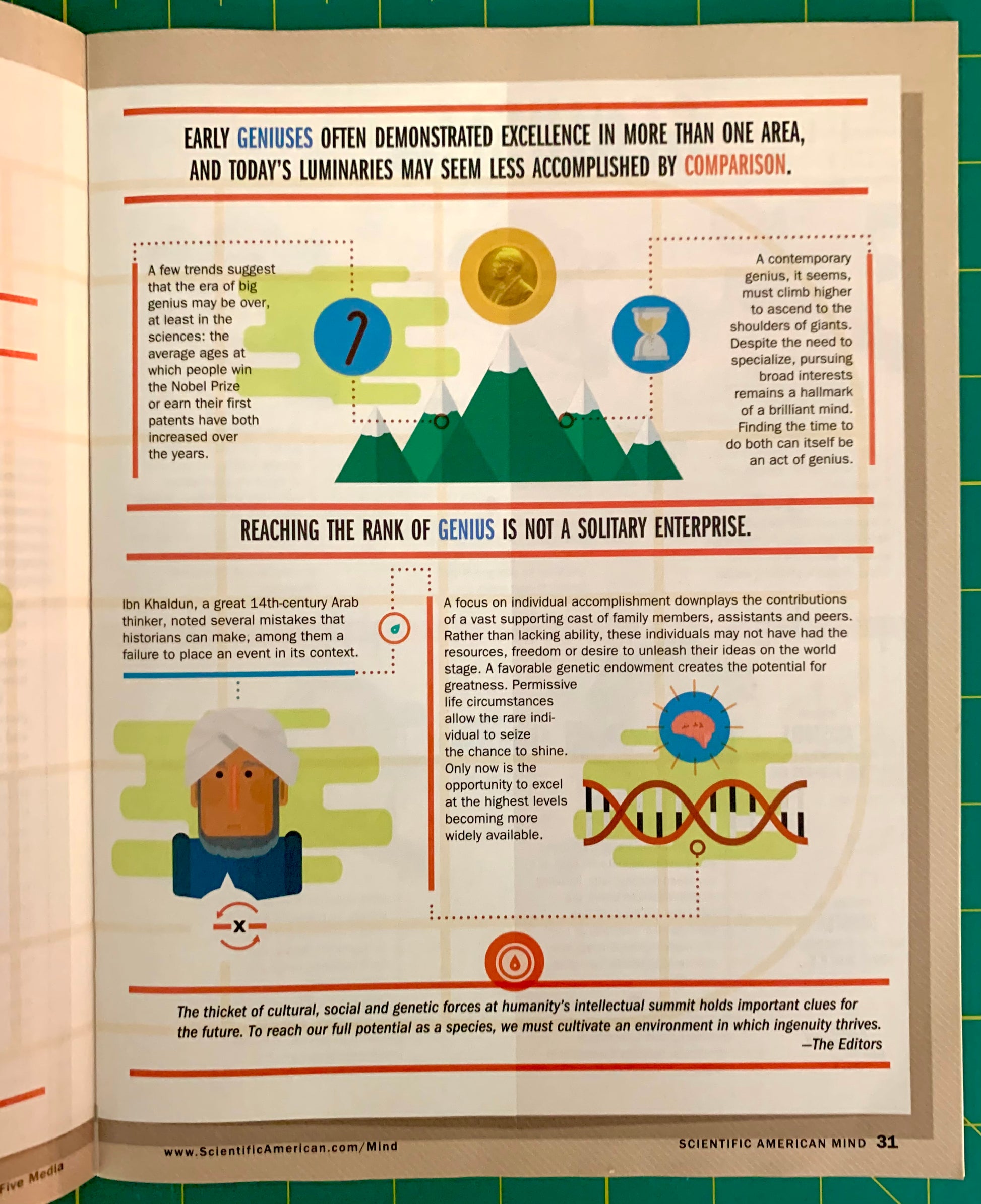A printed informational page from Scientific American Mind featuring illustrated diagrams and text about genius, with a small kitchen scene near the bottom and a green cutting mat visible around the page edges.
[additional_image_link]