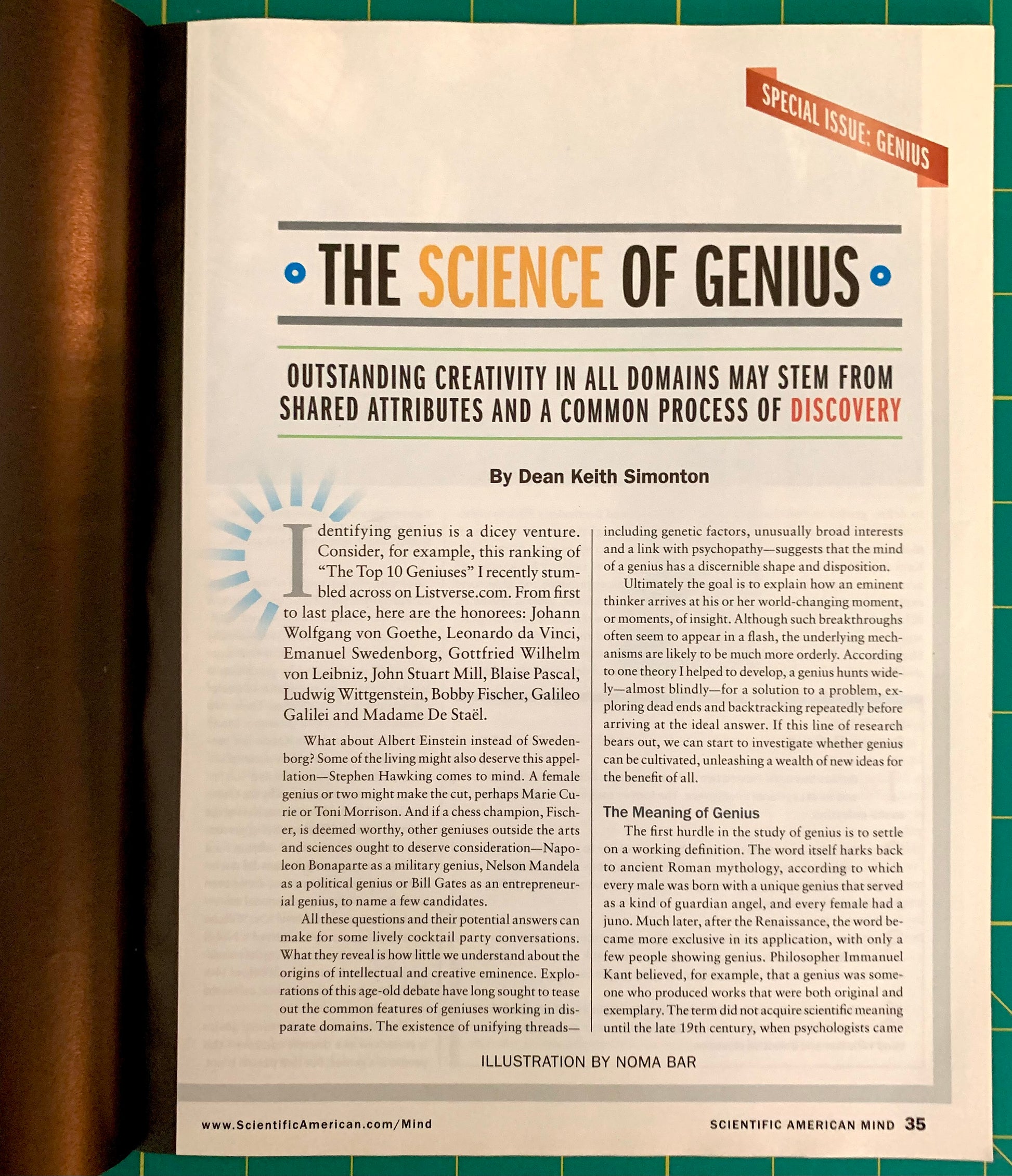 A magazine or book page titled "The Science of Genius" with an article by Dean Keith Simonton, photographed against a dark green background with a gold vertical band on the left.
[additional_image_link]
