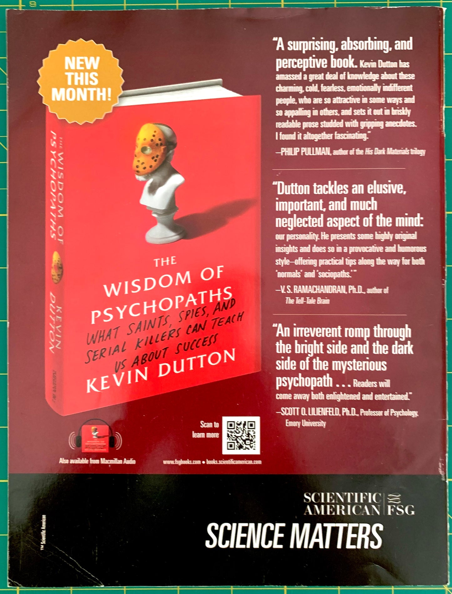 A book cover for 'The Wisdom of Psychopaths' by Kevin Dutton, shown as a product listing image with promotional text, review quotes, and a 'New This Month!' badge. The cover is predominantly red with white and black text, and a small illustration of a white bust with a gold cookie on its head.
[additional_image_link]