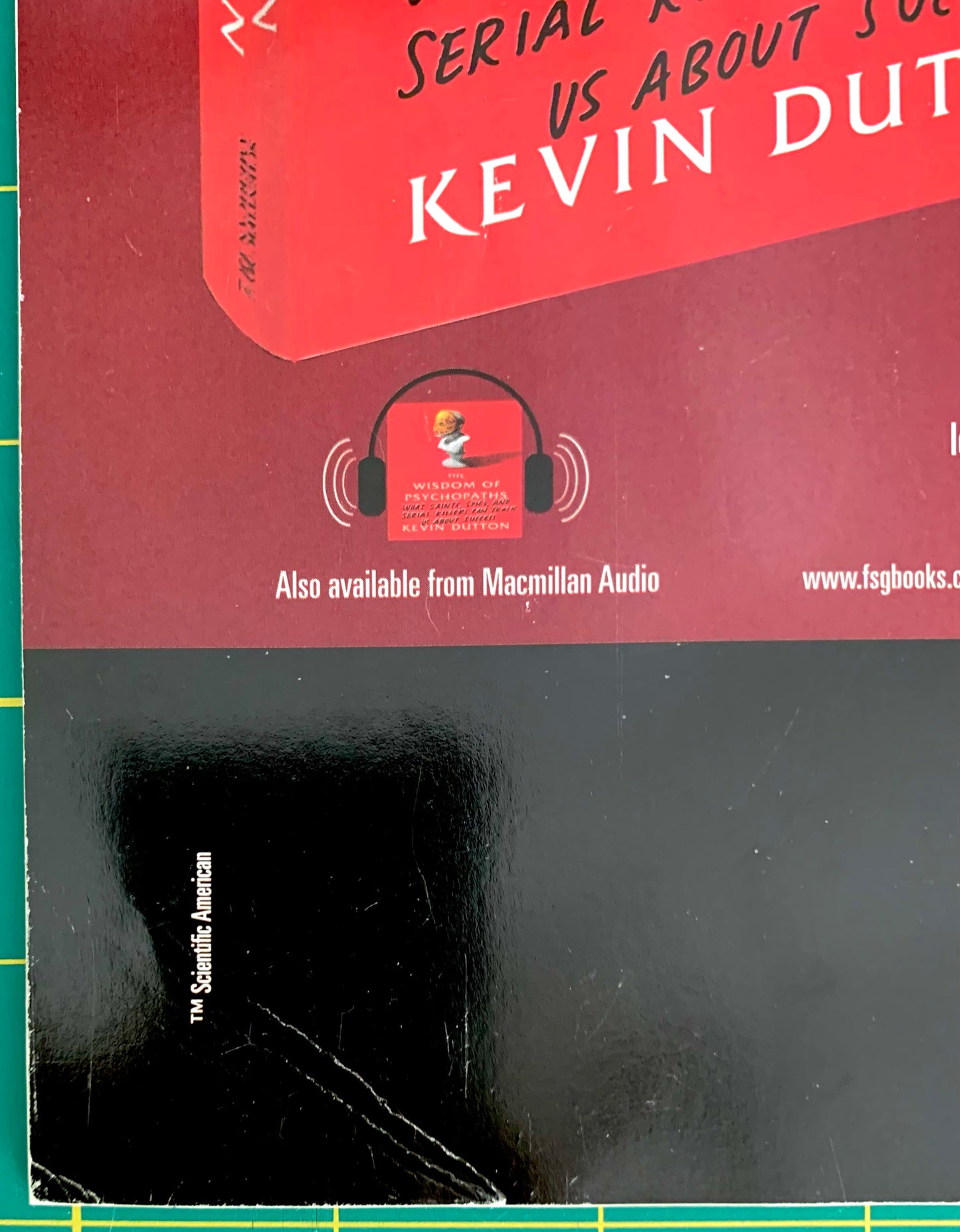 A book cover for 'Serial Killer: What About You' by Kevin Dutton, featuring a red upper section with white and black text, a headphone graphic, and a large black lower section. The book is photographed on a green cutting mat.
[additional_image_link]