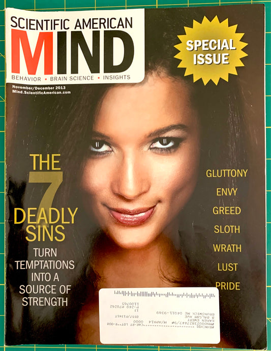 Scientific American Mind magazine cover from December 2013, featuring a close-up portrait of a woman on the cover with the headline 'The 7 Deadly Sins' and a gold 'Special Issue' burst. A white barcode sticker is visible at the bottom.
[image_link]