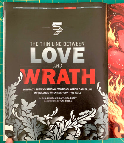 A printed book or magazine cover titled "The Thin Line Between Love and Wrath" shown flat, with bold white and red typography on a dark background and ornate silver leaf illustrations at the bottom. A hand is visible holding the left edge, and part of a red/orange illustrated page appears on the right.
[additional_image_link]