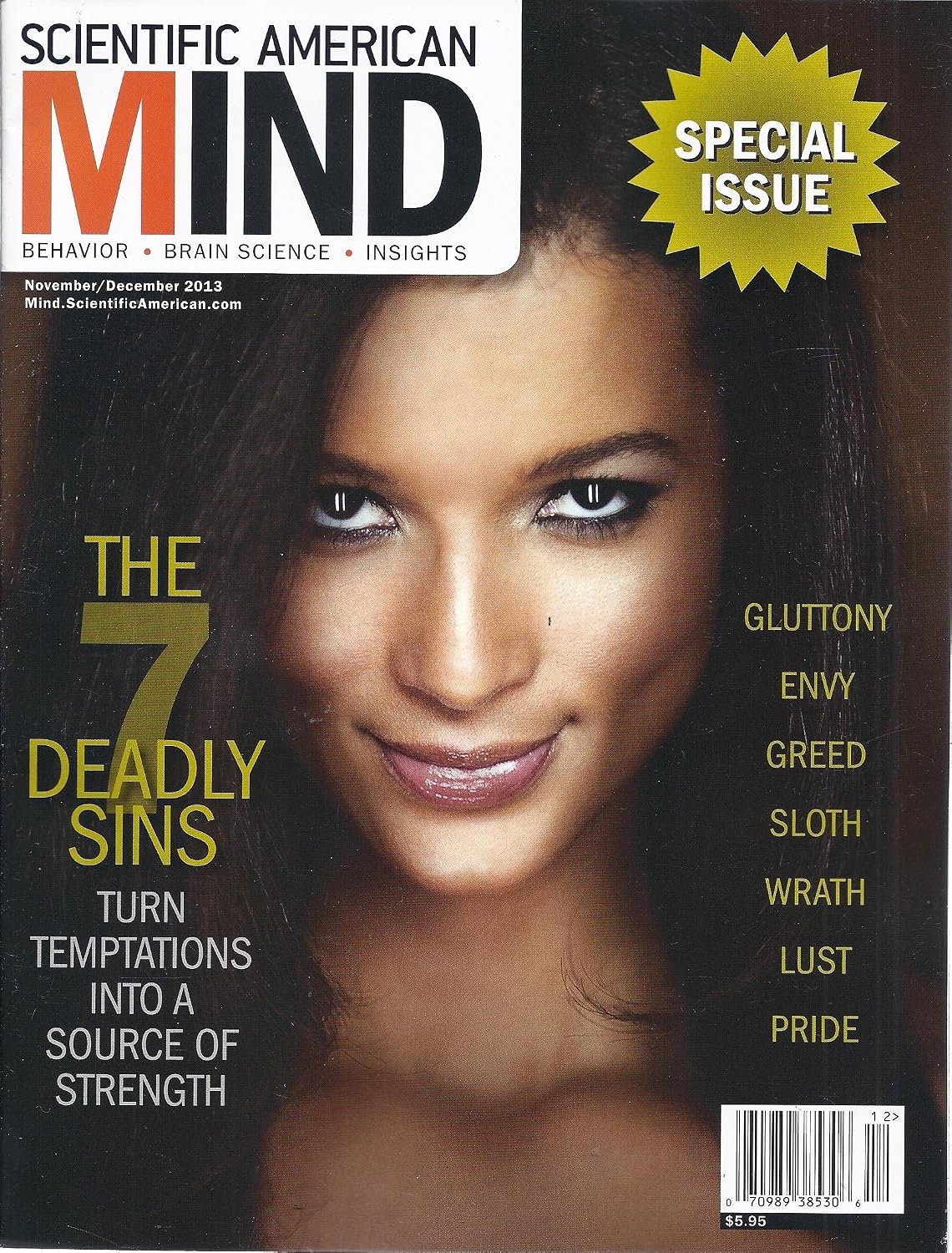 Scientific American Mind magazine cover from November/December 2013, featuring a close-up portrait of a woman on the cover with a yellow burst reading 'Special Issue' and cover lines about deadly sins.
[additional_image_link]