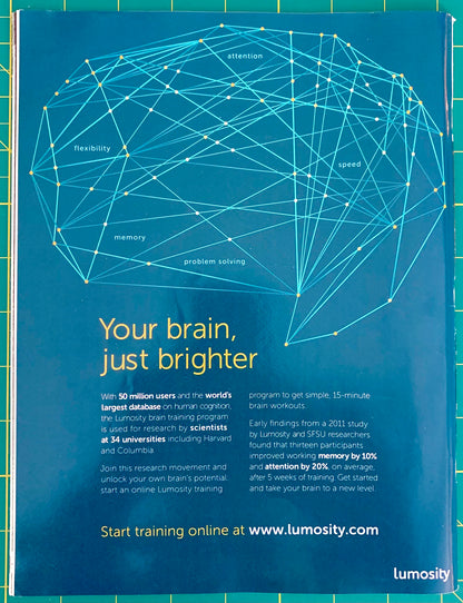 A blue promotional poster or booklet cover for Lumosity brain training, featuring a white and yellow line-drawn brain network diagram, the headline 'Your brain, just brighter,' and text inviting users to start training online at www.lumosity.
[additional_image_link]