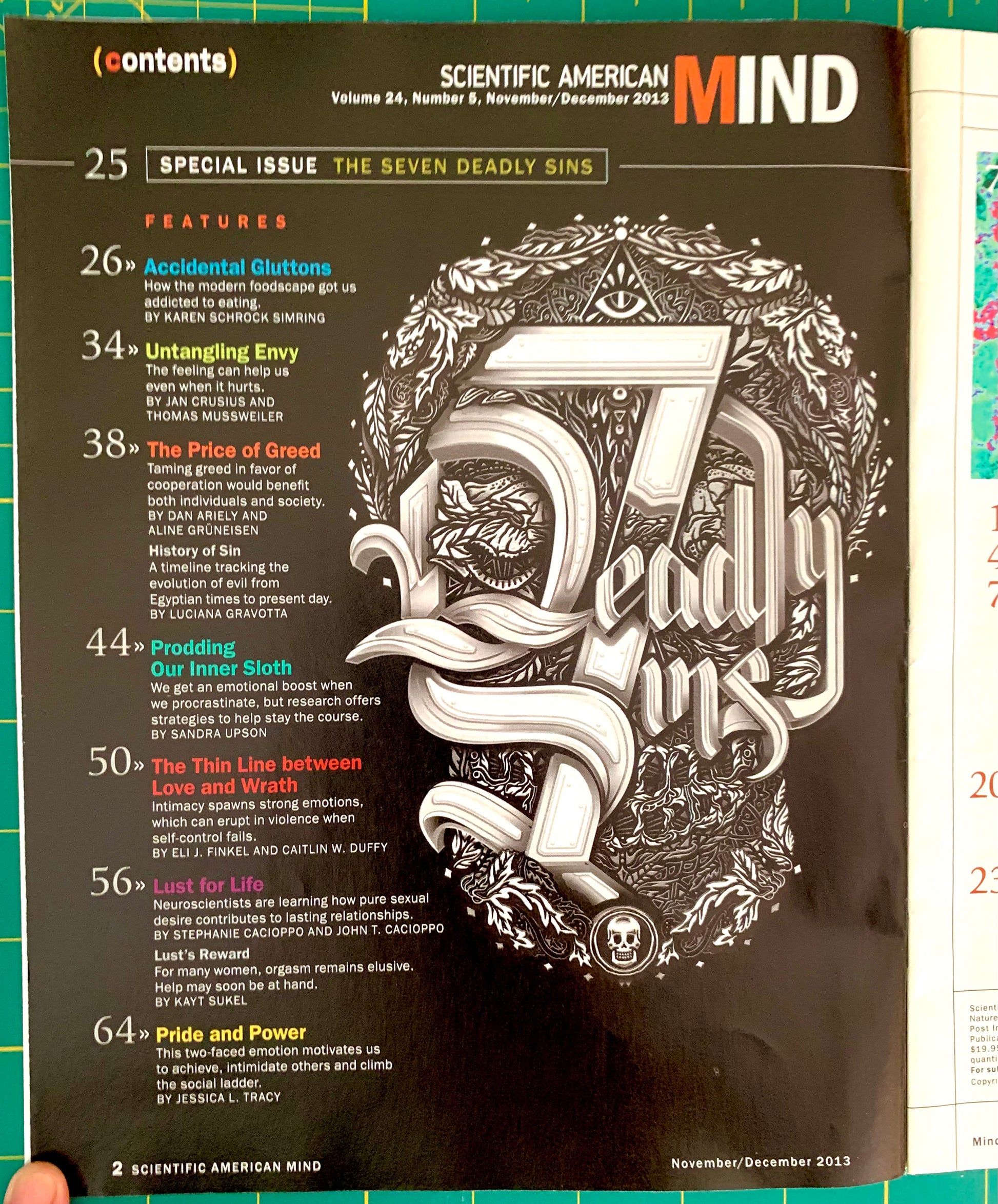 A magazine or book cover page for Scientific American Mind, Volume 54, Number 8, November/December 2019, featuring a large ornate black-and-white number 7 with the words 'Deadly Ones' in stylized typography on a dark background, with article titles and text listed on the left.
[additional_image_link]