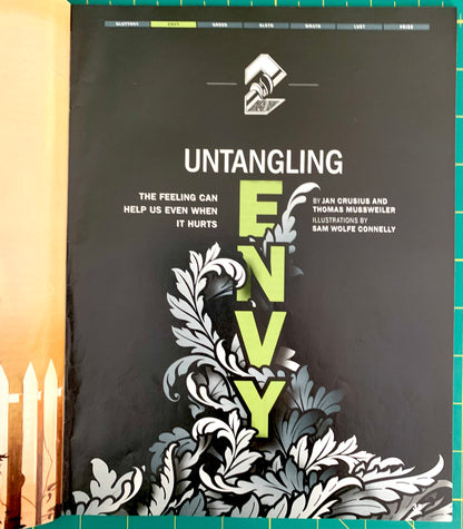 A book cover for 'Untangling Envy' by Jan Crusius and Thomas Mussweiler, featuring a black background with white ornate scrollwork and large vertical lime-green letters spelling 'ENY'.
[additional_image_link]