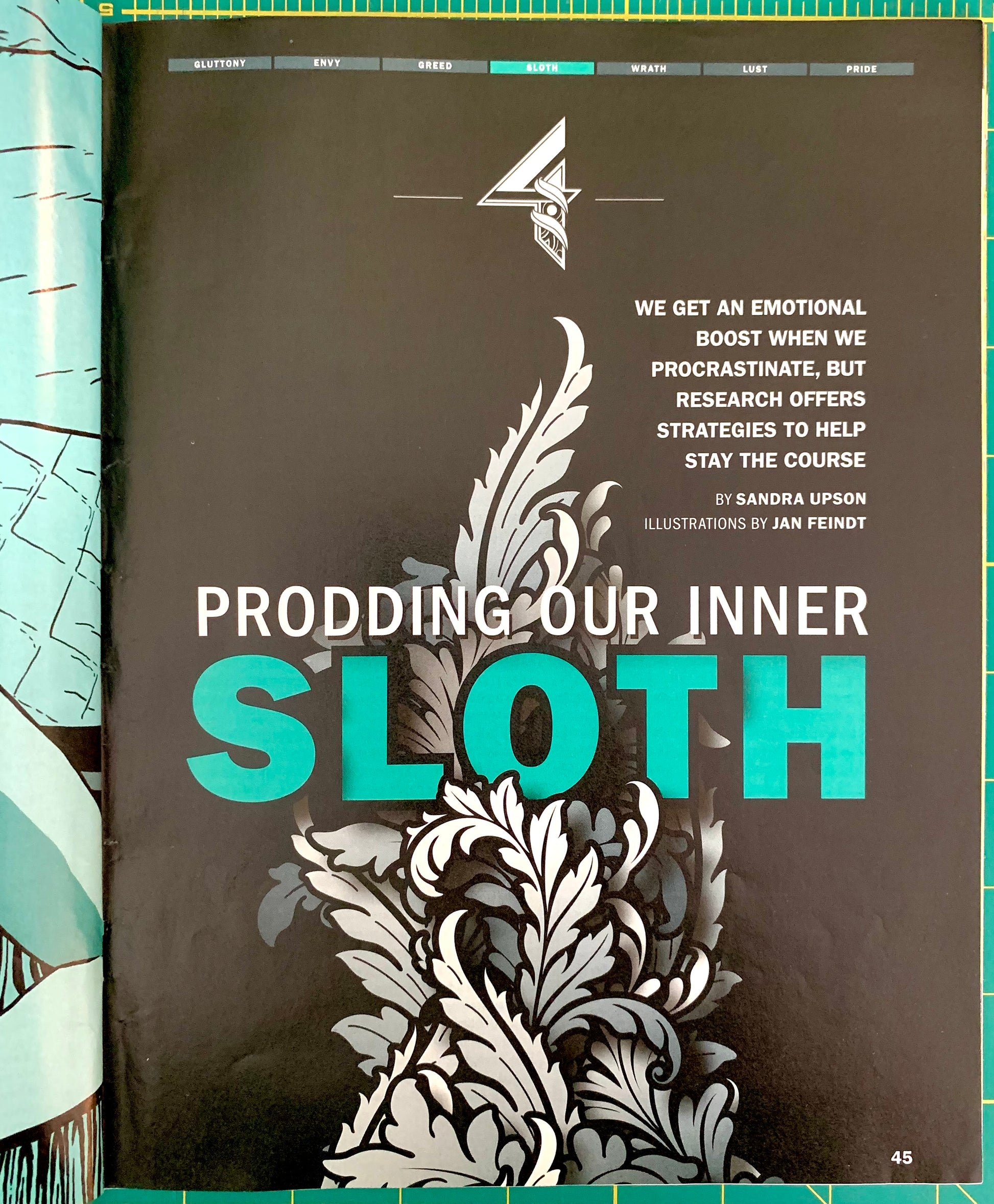 A book or magazine page titled "PRODDING OUR INNER SLOTH" by Sandra Upson with illustrations by Jan Feindot, featuring a dark cover with white and teal text and ornate white leaf illustrations.
[additional_image_link]